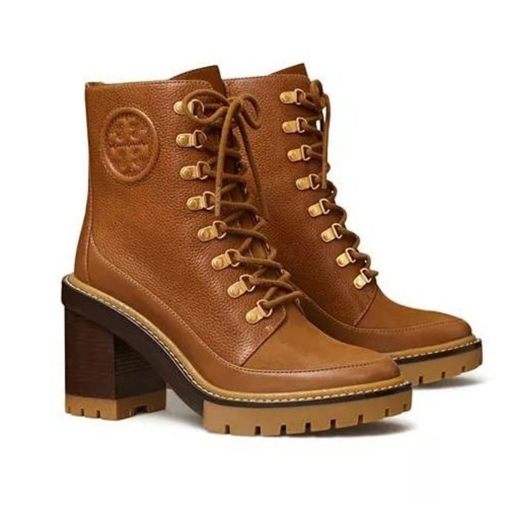 Tory Burch Miller Lug Sole Ankle Boots Brown Pebbled Leather Tan Size 7.5